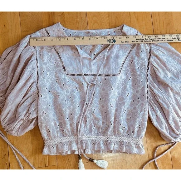 POL Anthropology Women Pink Lace Embroidered Eyelet Crop Top Balloon Sleeves L - Picture 5 of 8